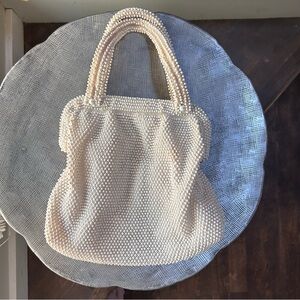 Vintage ~Lumured Corde-Bead ~ Ivory Beaded Lined 60s Hand Evening Bag